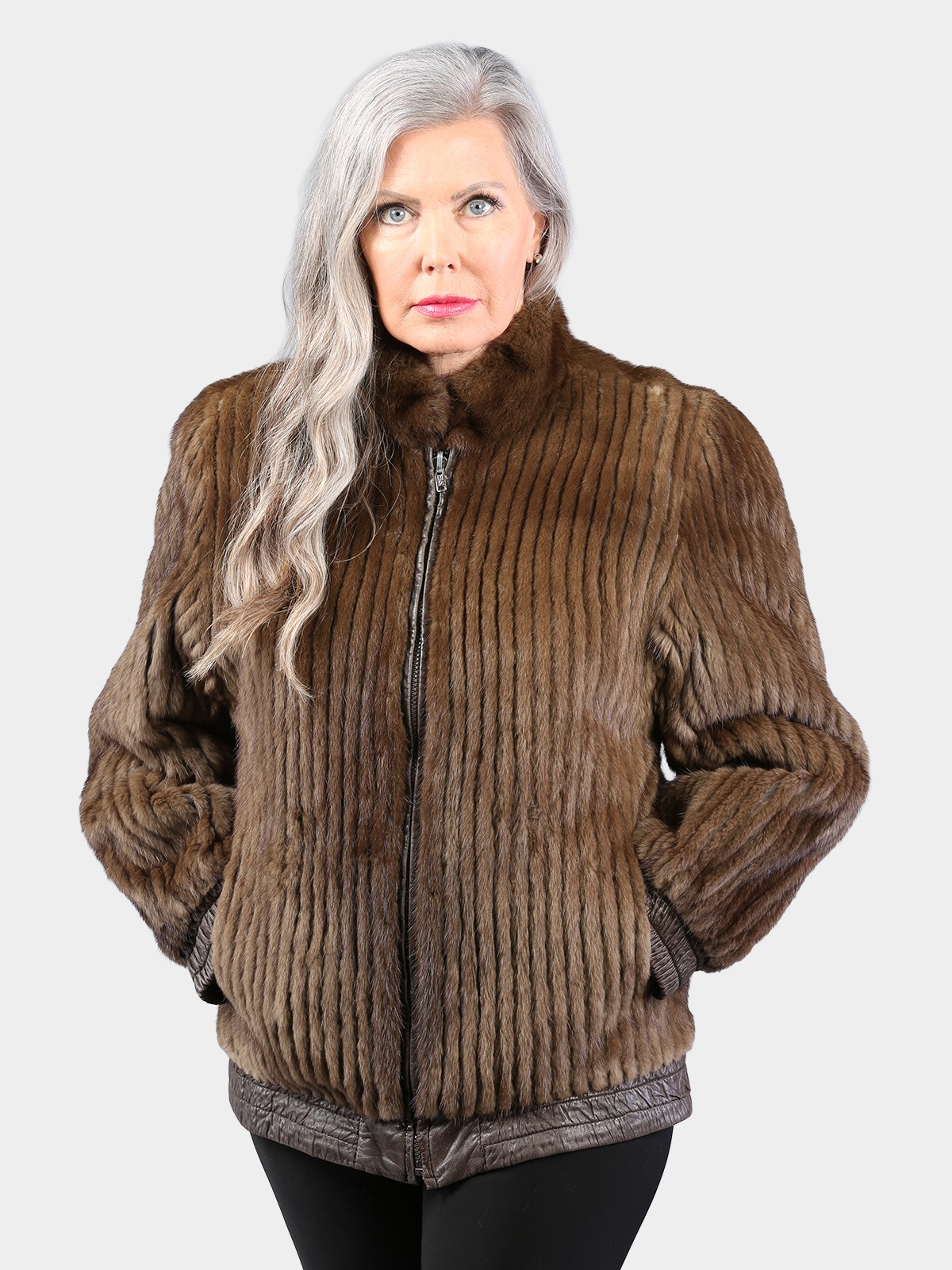 Woman's Dark Pastel Cord Cut Mink Fur Jacket Reversing to Brown Leather