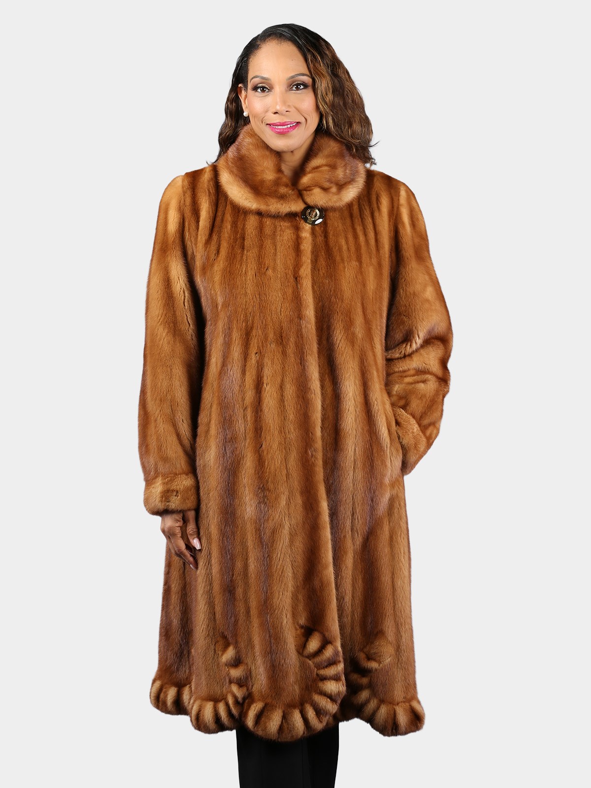 Woman's Natural Whiskey Female Mink Fur 7/8 Coat with Ruffled Design