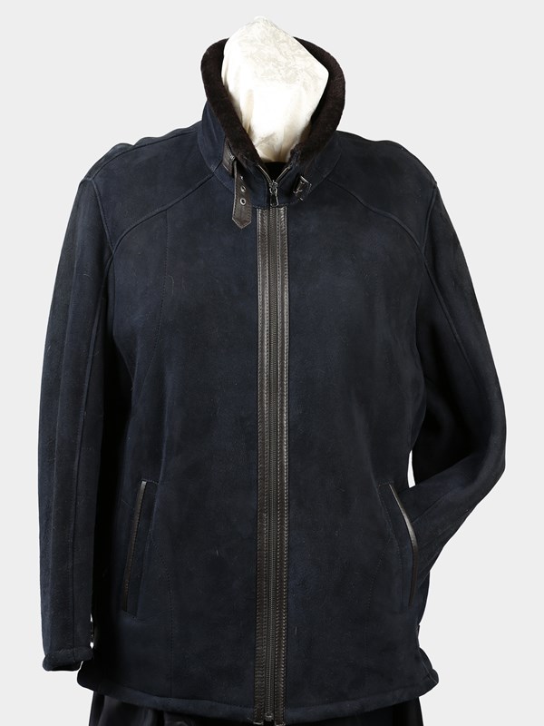 Man's Navy Suede Shearing Lamb Fur Jacket