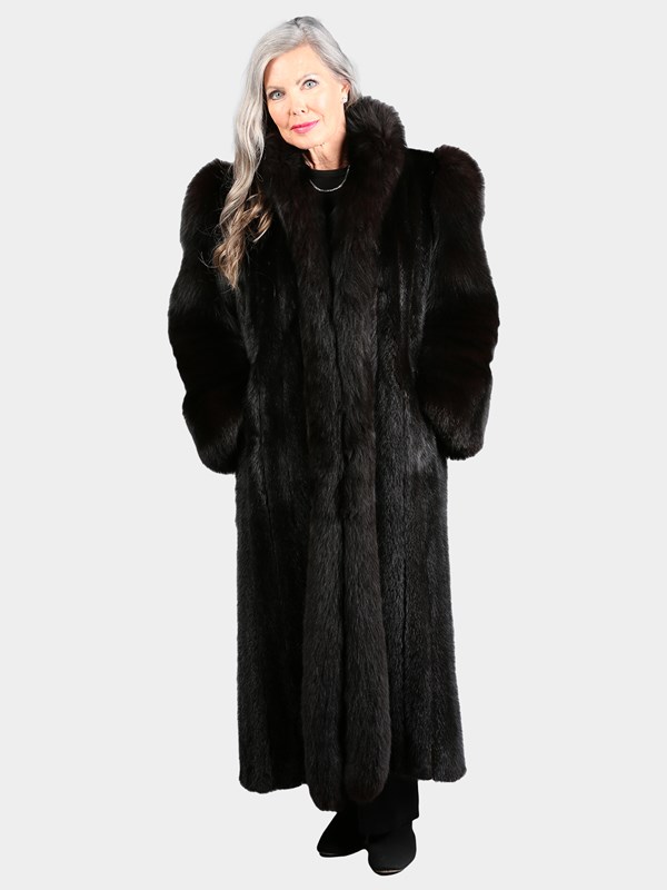 Woman's Natural Ranch Mink Fur Coat with Fox Tuxedo Front and Sleeves