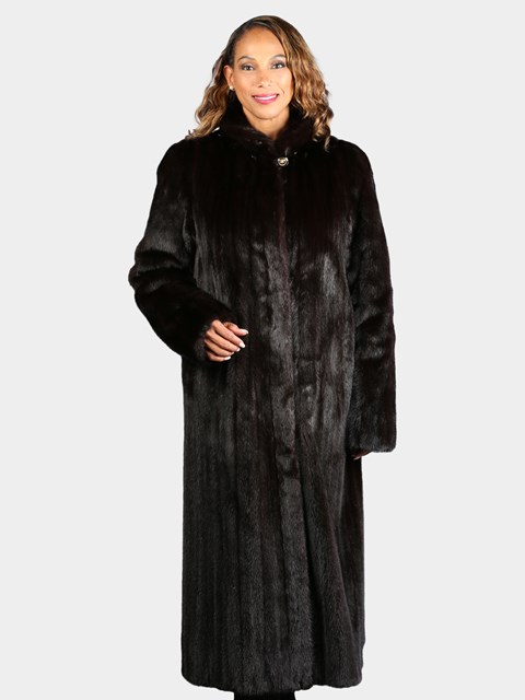 Woman's Natural Deepest Mahogany Female Mink Fur Coat with Detachable Hood