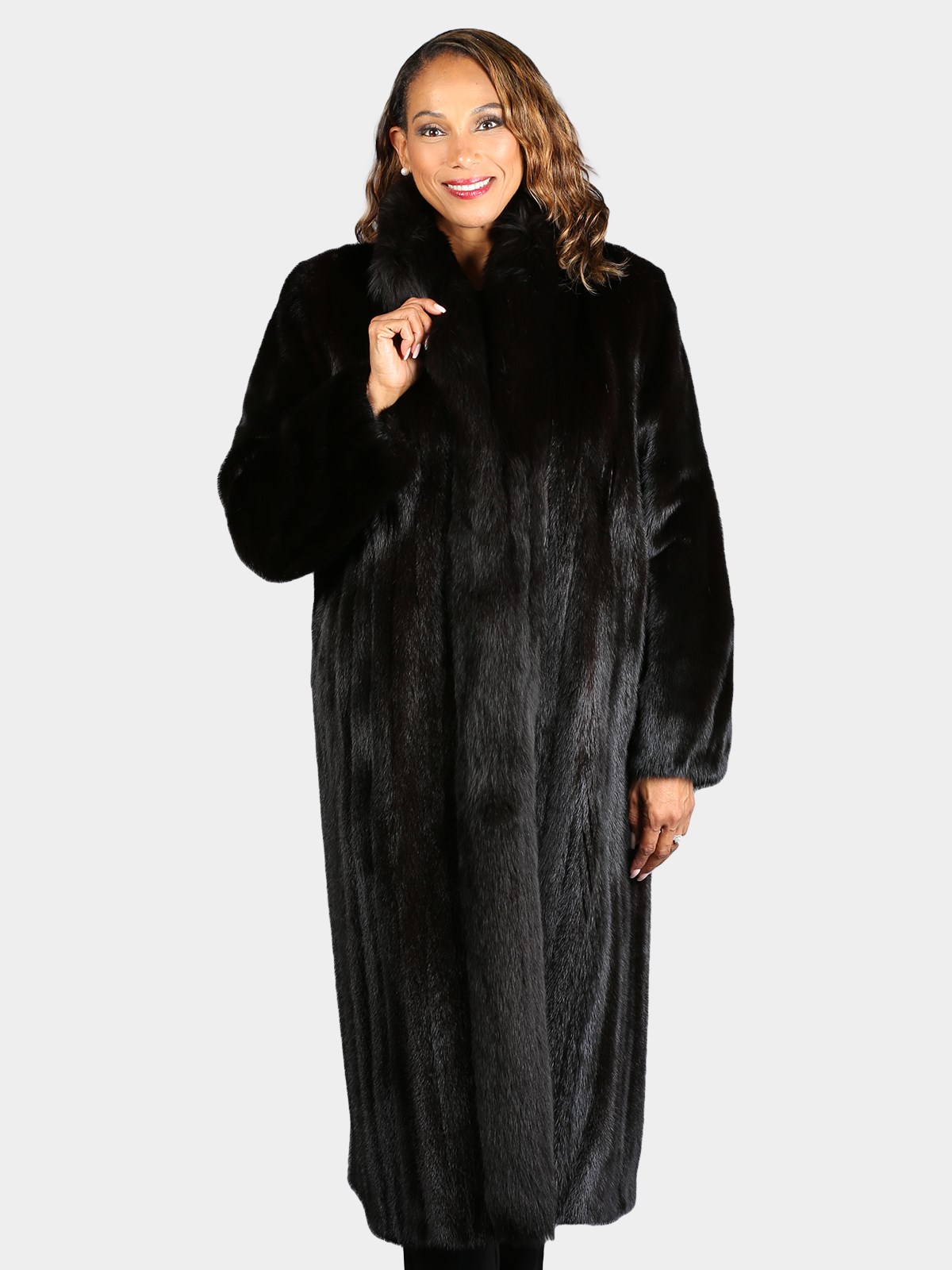 Woman's Natural Ranch Mink Coat with Black Fox Tuxedo Front