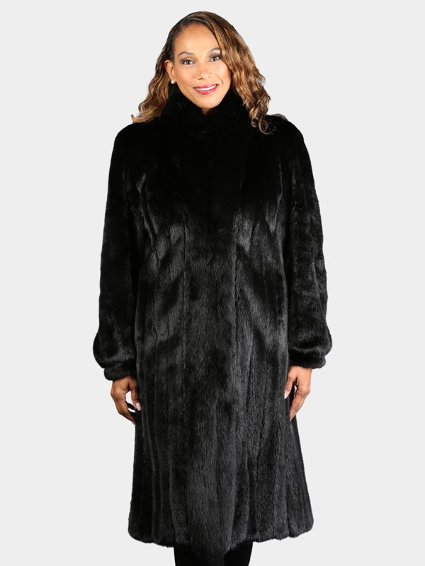 Woman's Dyed Black Mink Fur Coat with Fox Tuxedo Front