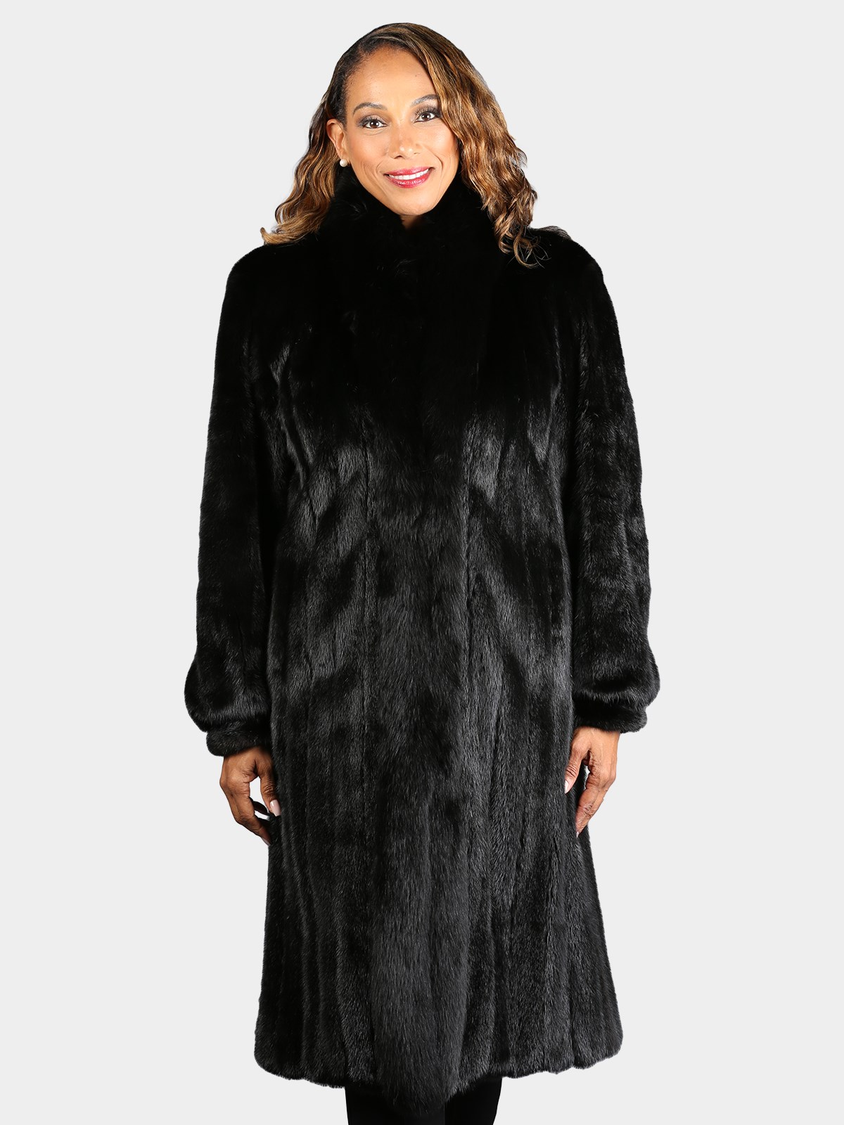 Woman's Dyed Black Mink Fur Coat with Fox Tuxedo Front