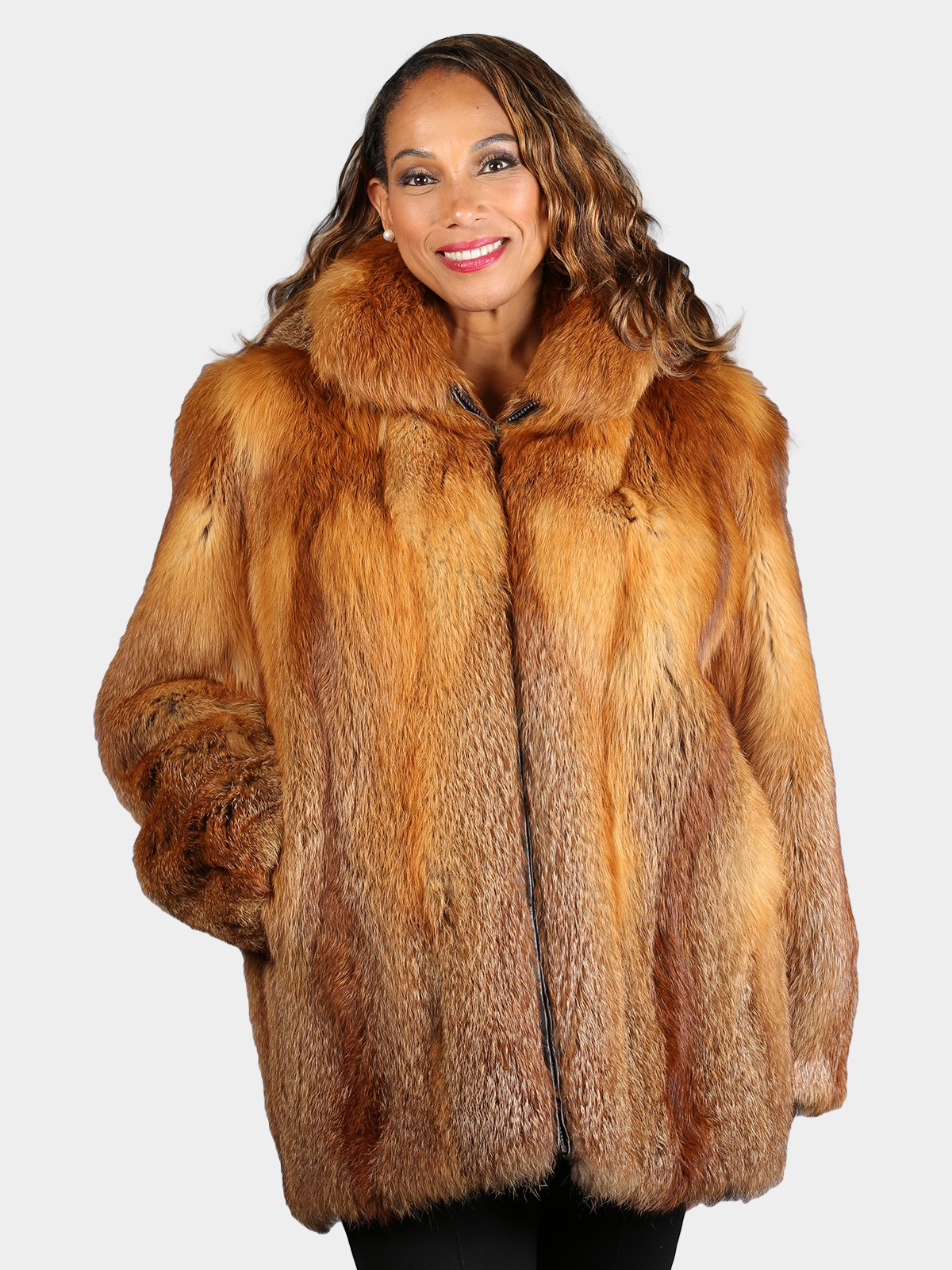 Woman's Plus Size Natural Red Fox Fur Jacket with Hood