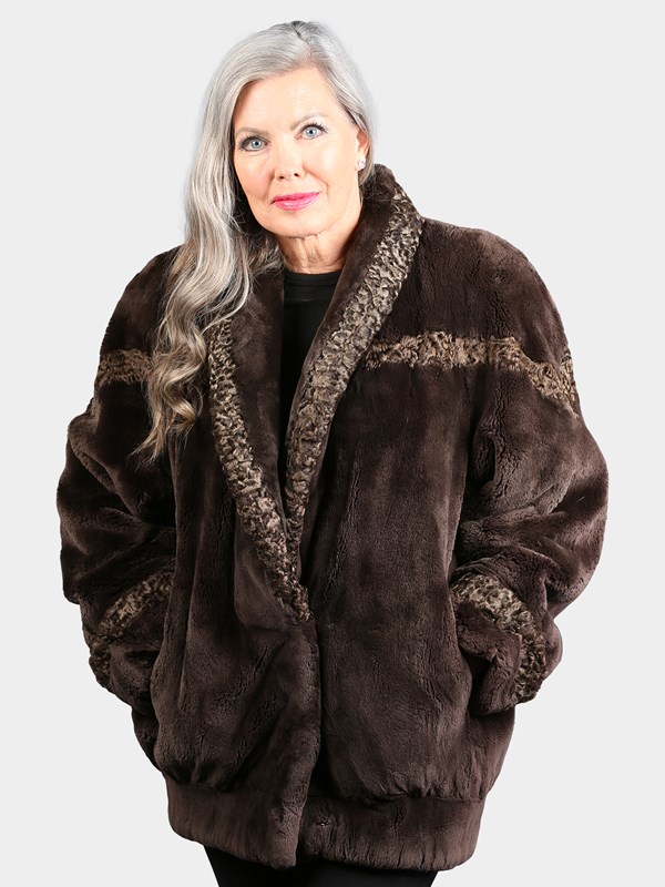Woman's Dyed Brown Sheared Beaver Fur Jacket with Persian Lamb Trim