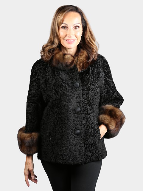 Woman's Dyed Black Broadtail Lamb Jacket with Sable Fur Collar and Cuffs