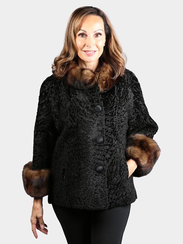 Woman's Dyed Black Broadtail Lamb Jacket with Sable Fur Collar and Cuffs