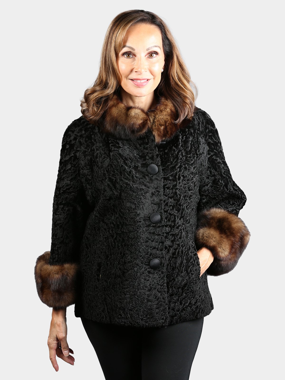 Woman's Dyed Black Broadtail Lamb Jacket with Sable Fur Collar and Cuffs