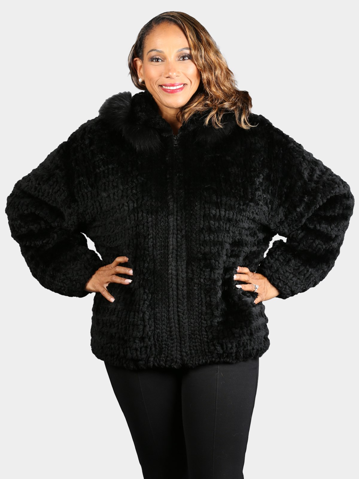 Woman's Dyed Black Knit Sheared Beaver Fur Jacket with Detachable Hood