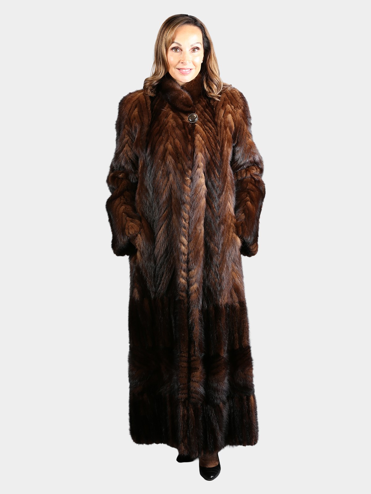 Woman's Natural Mahogany Mink Tail Fur Coat with Unique Fur Design