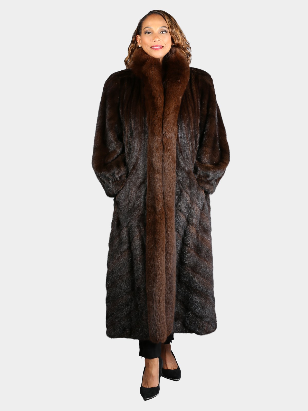 Woman's Plus Size Natural Mahogany Female Mink Fur Coat with Fox Tuxedo Front and Directional Design