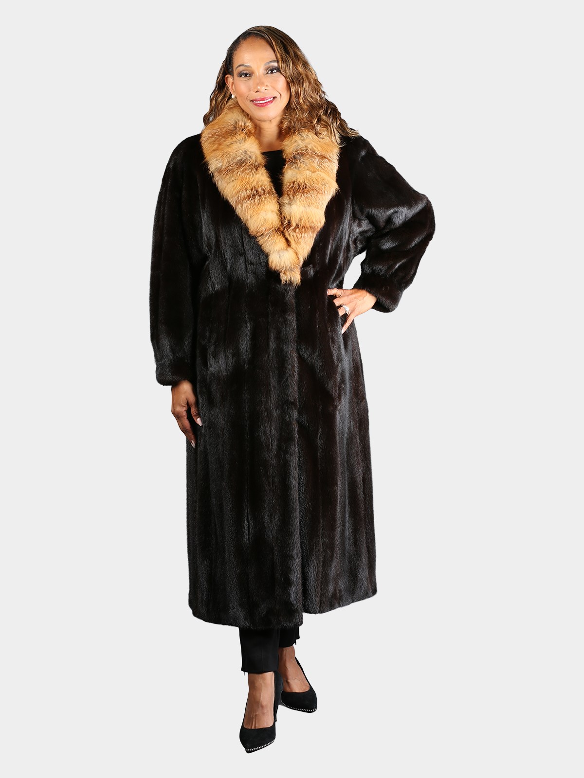 Woman's Natural Ranch Mink Fur Coat with Cross Cut Red Fox Collar