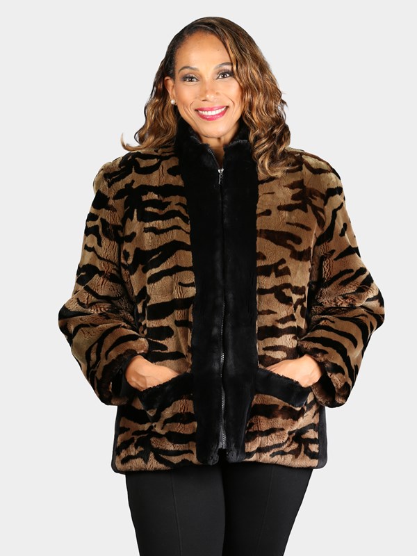 Woman's Dyed Black Brown 'Camo' Design Sheared Beaver Fur Jacket by Musi
