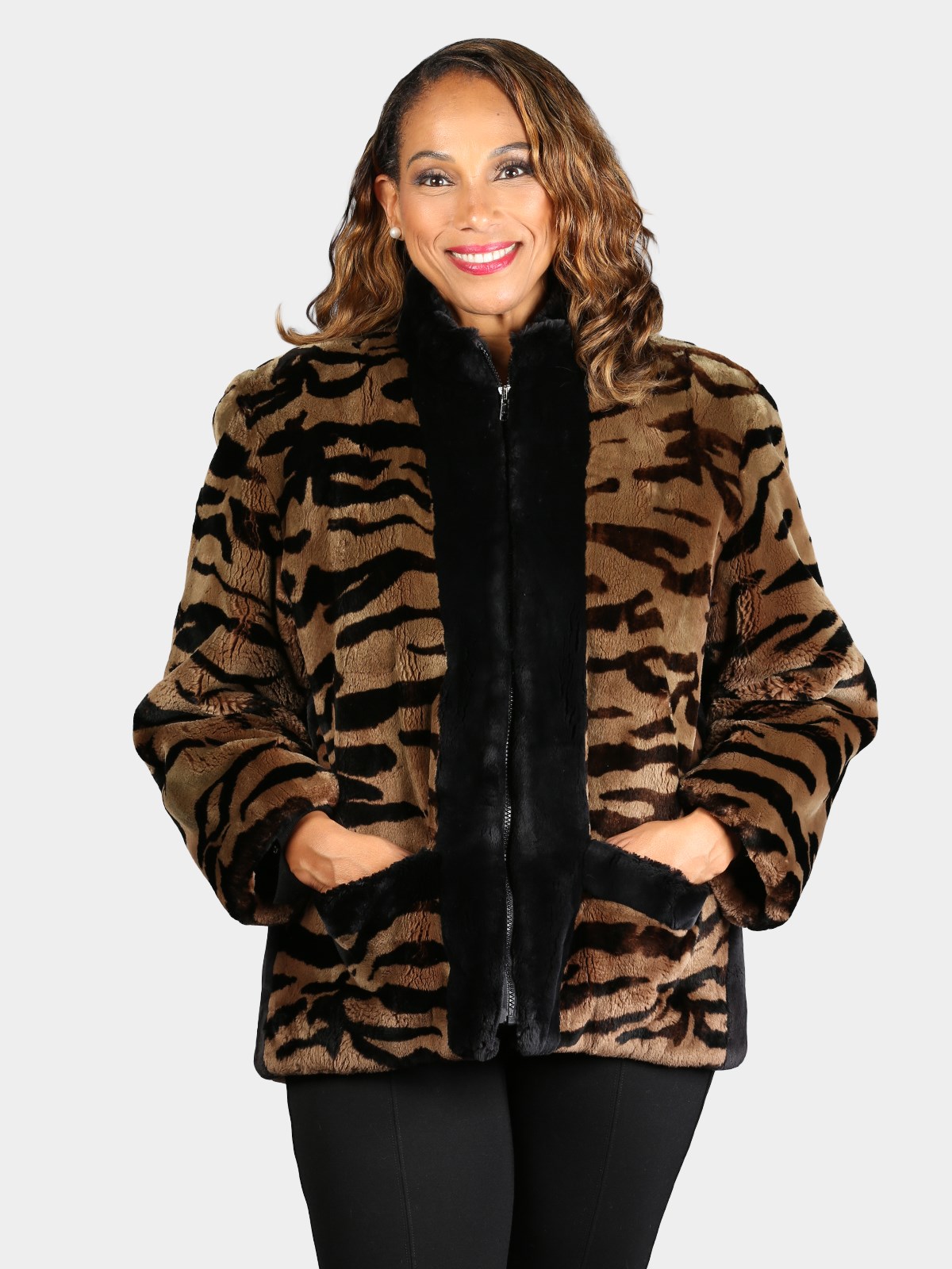 Woman's Dyed Black Brown 'Camo' Design Sheared Beaver Fur Jacket by Musi