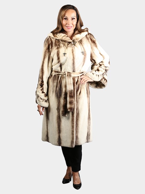 Woman's Bleached Mahogany Female Mink Fur Semi Sheared 7/8 Coat with Hood and Belt