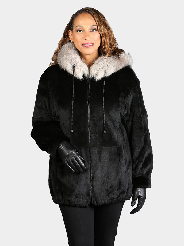 Woman's Dyed Black Sheared Mink Fur Parka Reversing to Black Leather