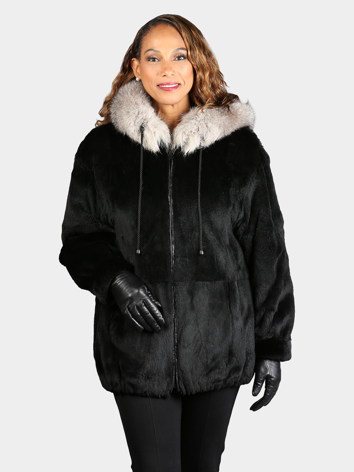 Woman's Dyed Black Sheared Mink Fur Parka Reversing to Black Leather