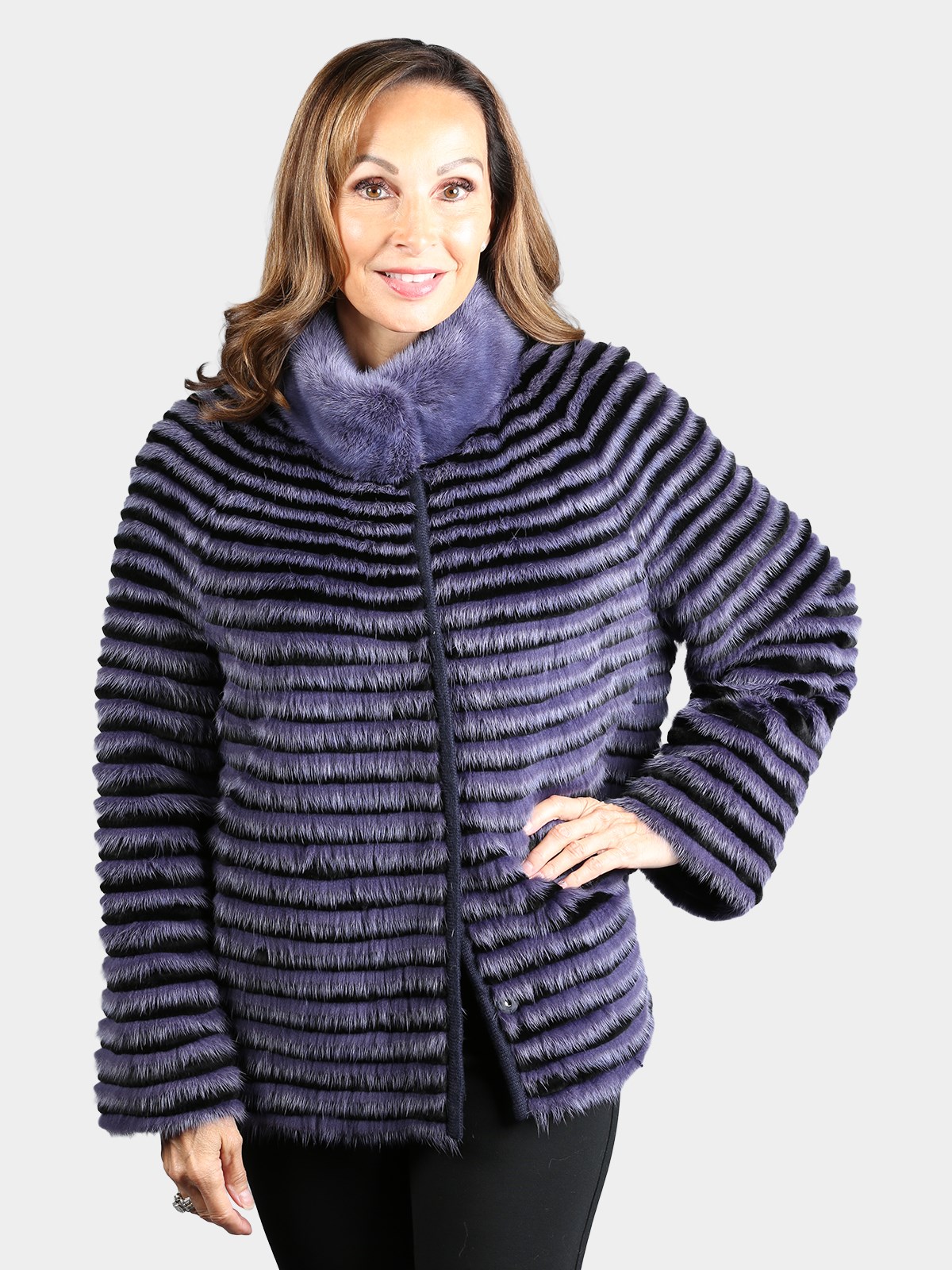 Woman's Petite Dyed Purple Feathered Mink Fur Jacket