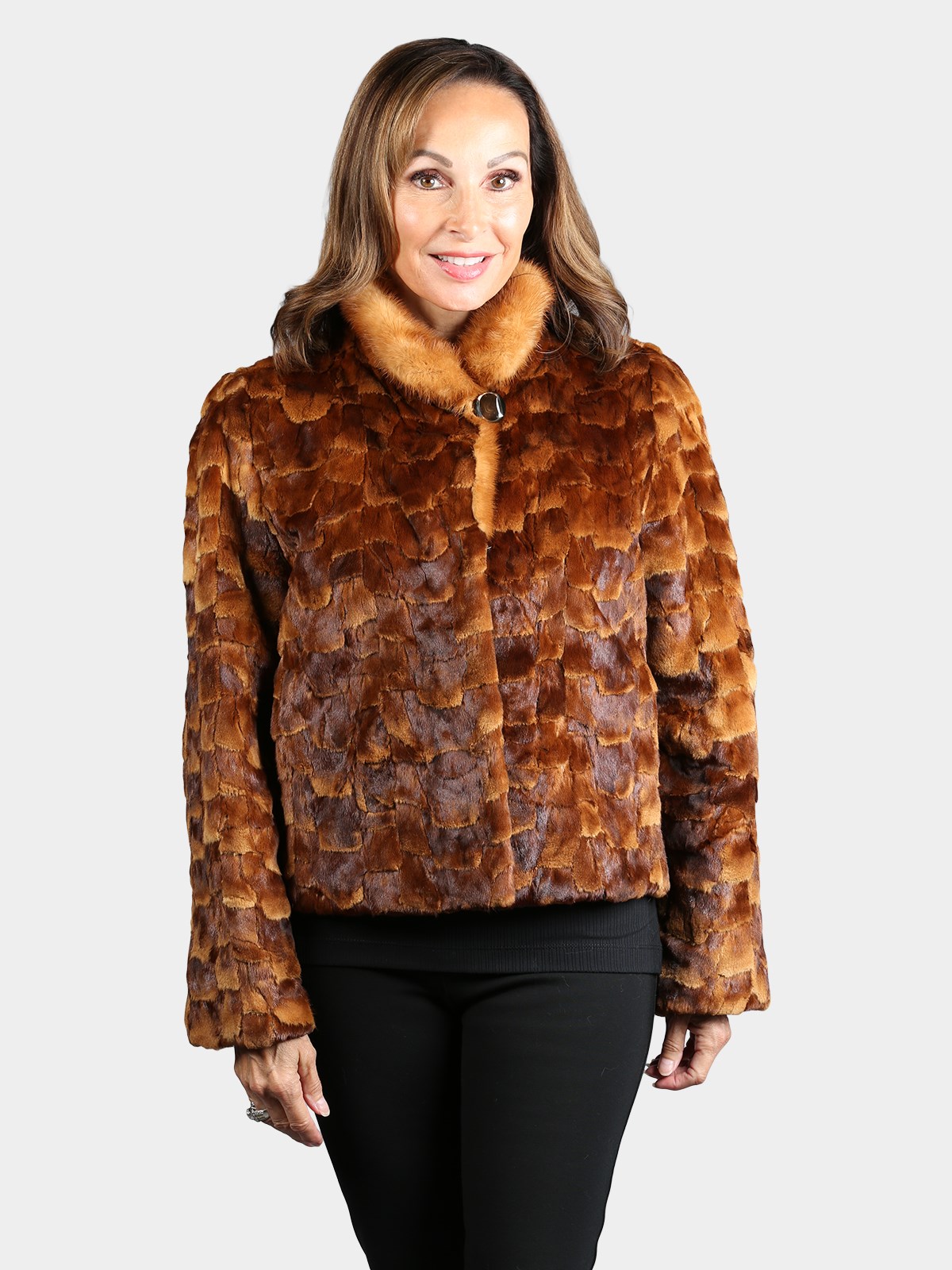 Woman's Dyed Whiskey Semi Sheared Sculptured Mink Fur Bolero Jacket
