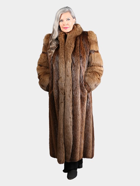Woman's Dyed Brown Long Hair Beaver Fur Coat with Fox Sleeves and Tuxedo Front