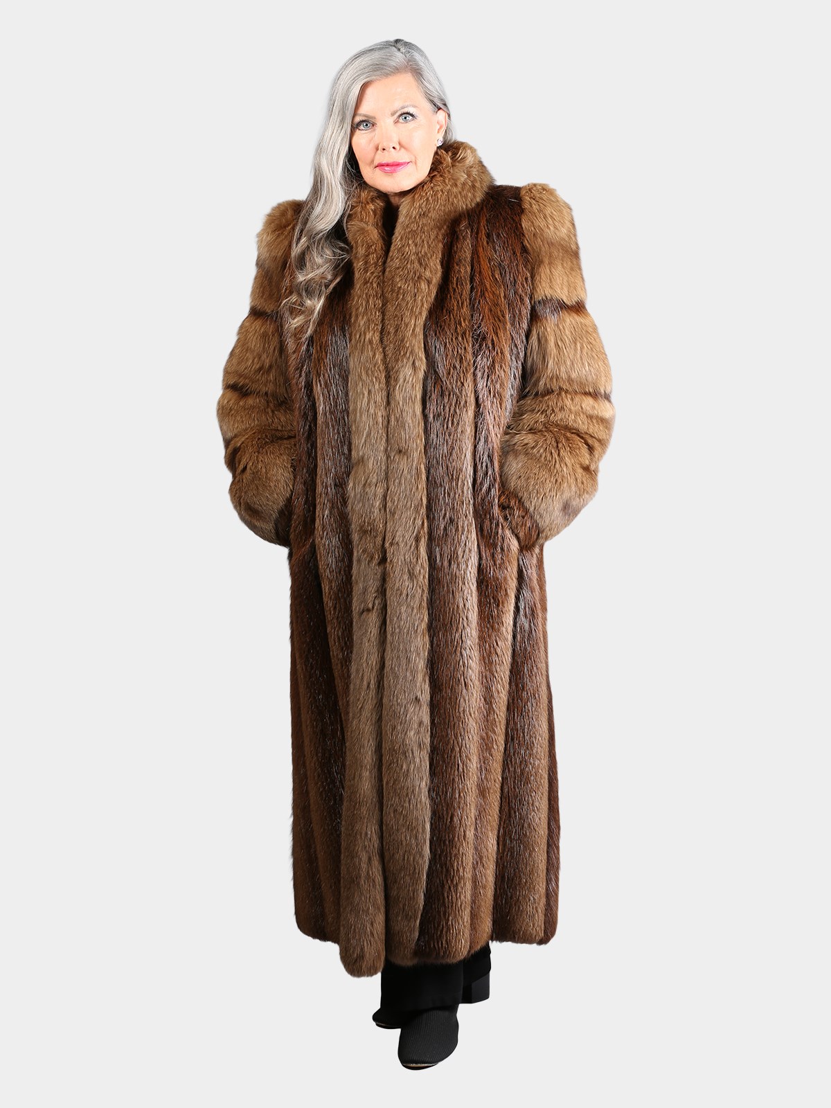 Woman's Dyed Brown Long Hair Beaver Fur Coat with Fox Sleeves and Tuxedo Front