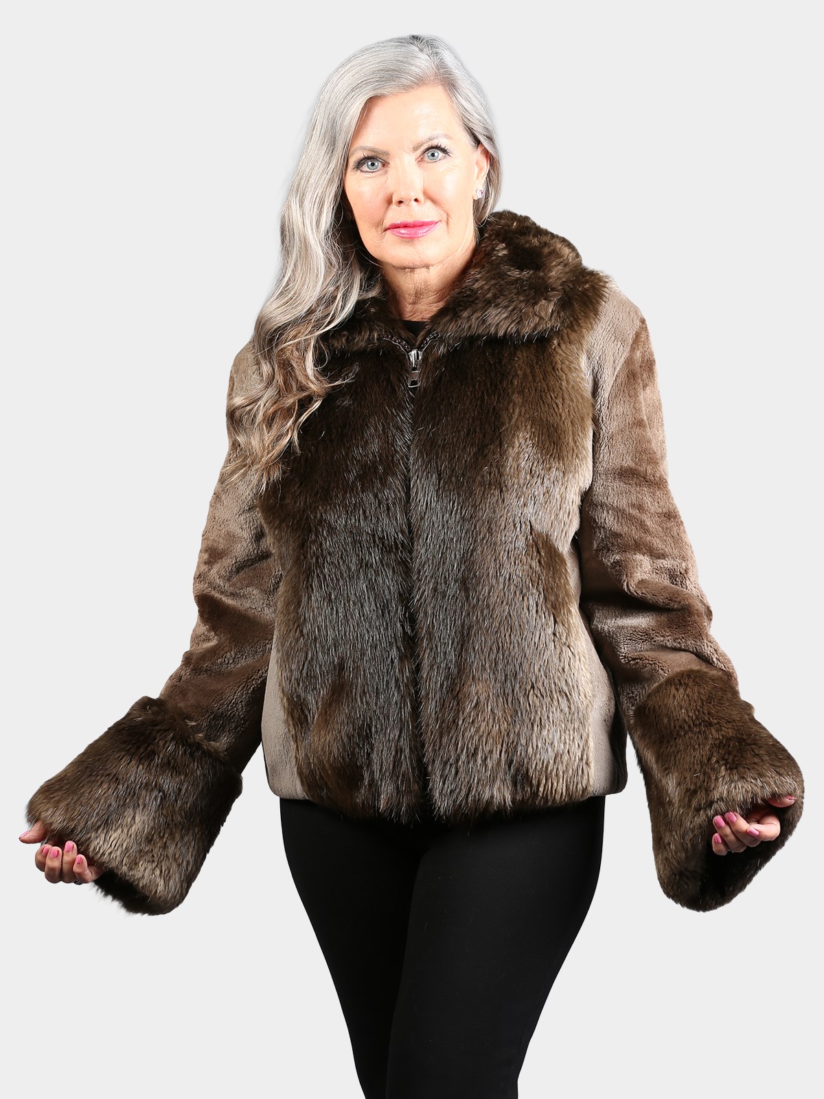 Woman's Natural Long Hair Beaver Fur Jacket with Sheared Beaver Trim
