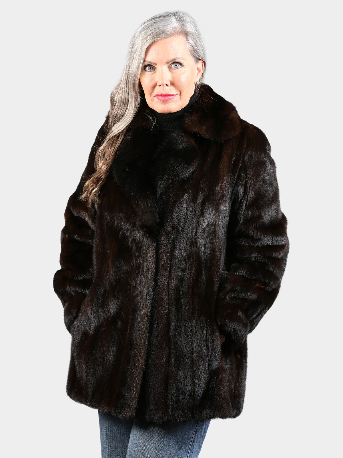 Woman's Natural Deep Mahogany Female Mink Fur Jacket with Large Sable Collar