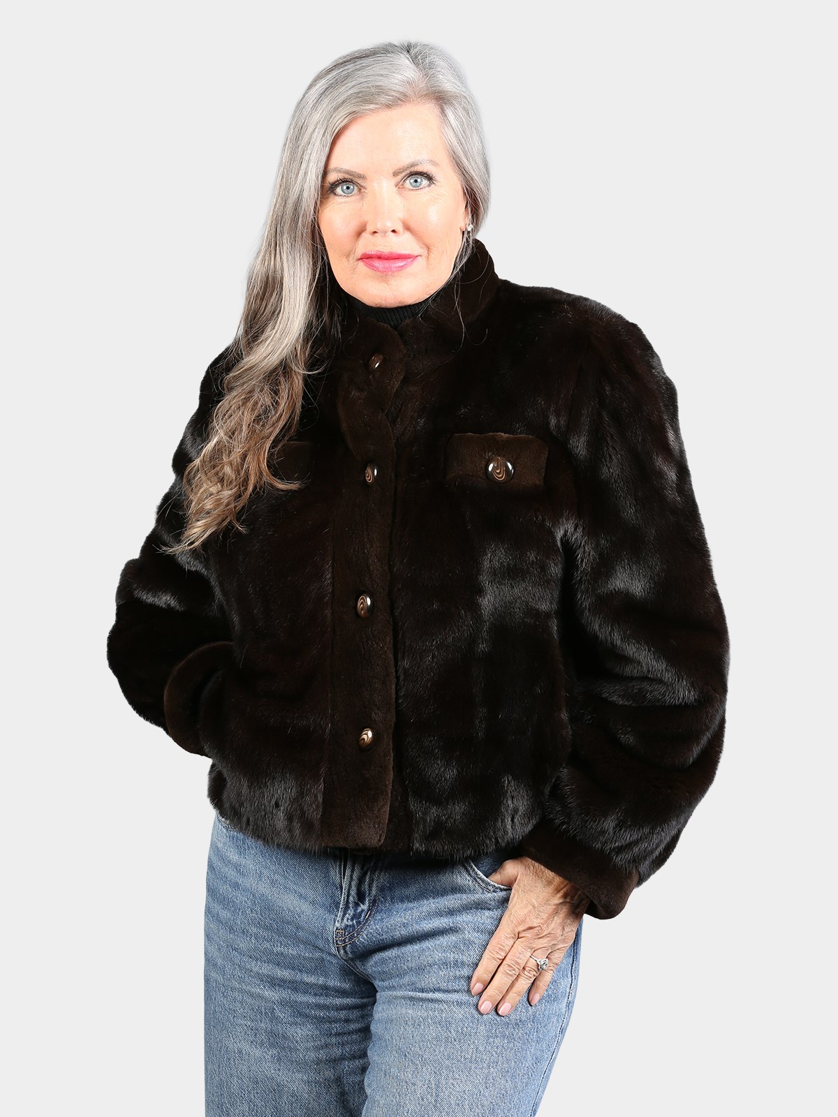 Woman's Natural Mahogany Female Mink Fur Bolero Jacket with Sheared Mink Trim