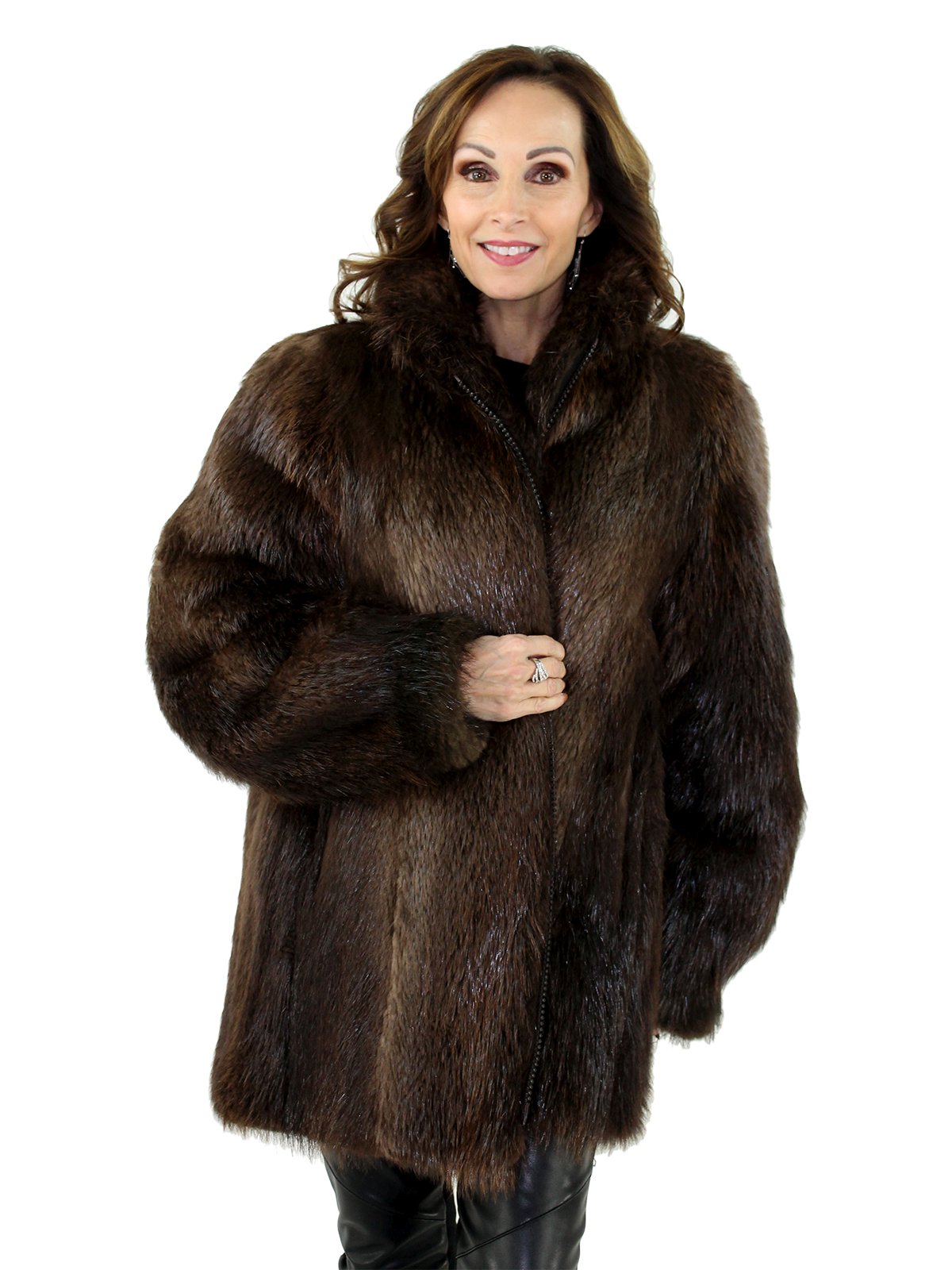 Rosewood Long Hair Beaver Fur Jacket - Women's Fur Jacket - Large ...