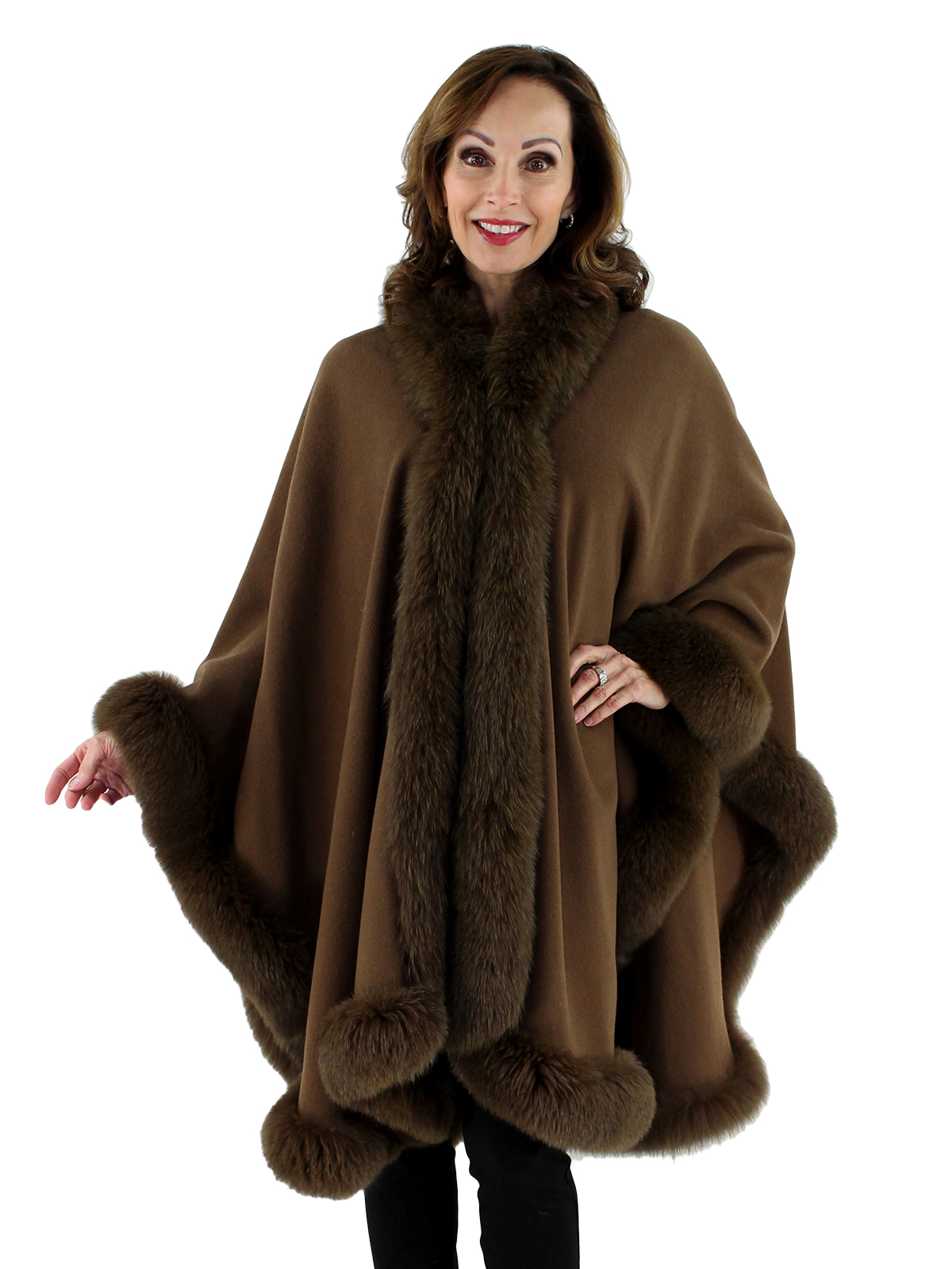 Brown Wool Cape with Fox Fur Trim - Women's Wool Cape - One Size Fits