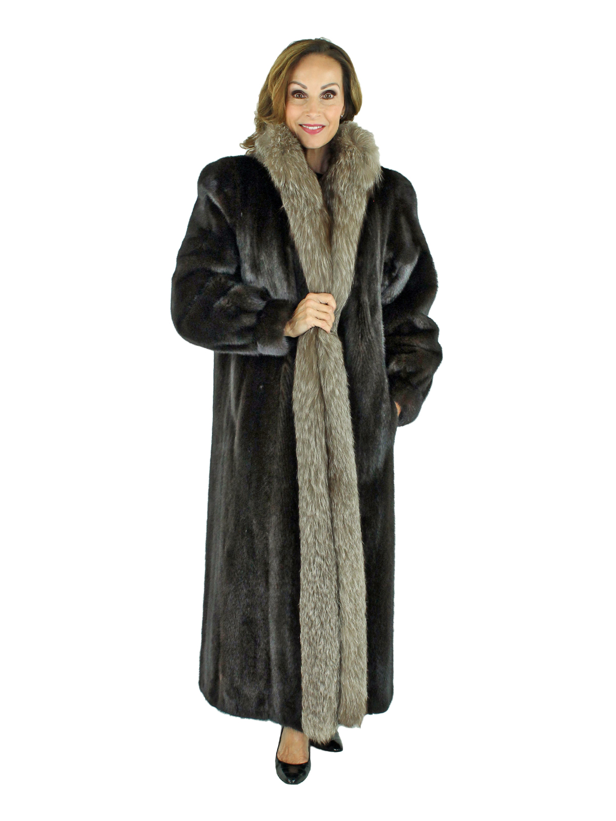 Ranch Mink Fur Coat with Indigo Fox Tuxedo Front - Women's Fur Coat ...