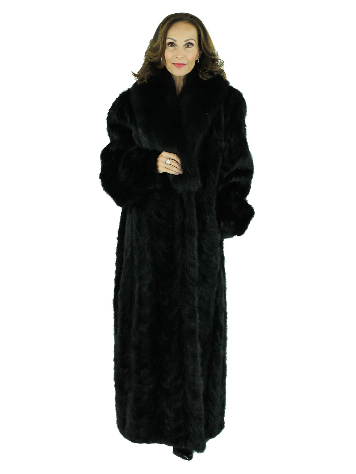 Plus Size Black Sectioned Mink Fur Coat with Fox Collar Women's Fur Coat XXL Estate Furs