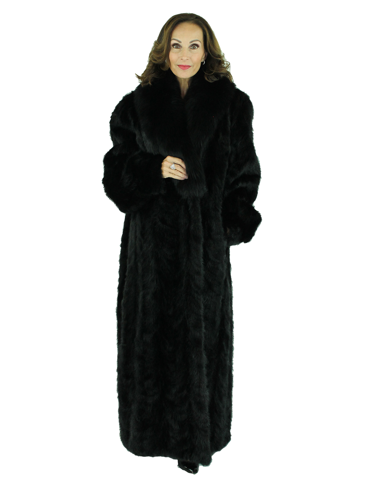 Plus Size Black Sectioned Mink Fur Coat with Fox Collar - Women's Fur