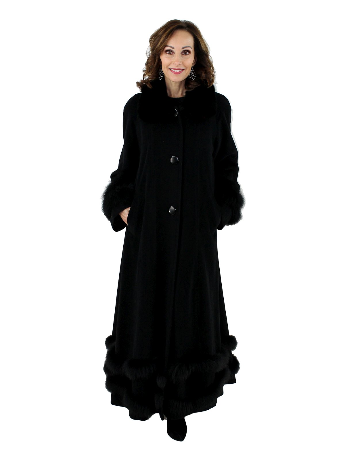 Black Wool Coat with Black Fox Fur Trim (L) Estate Furs