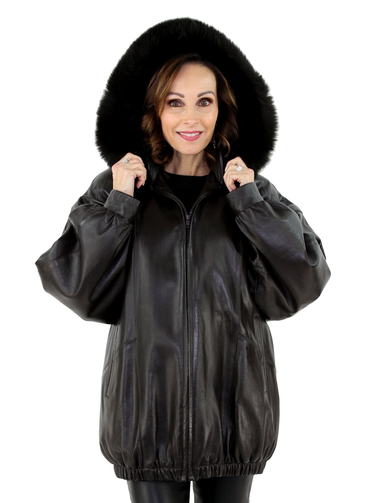 Brown Leather Parka With Fox Fur Trimmed Detachable Hood Women S Small Estate Furs