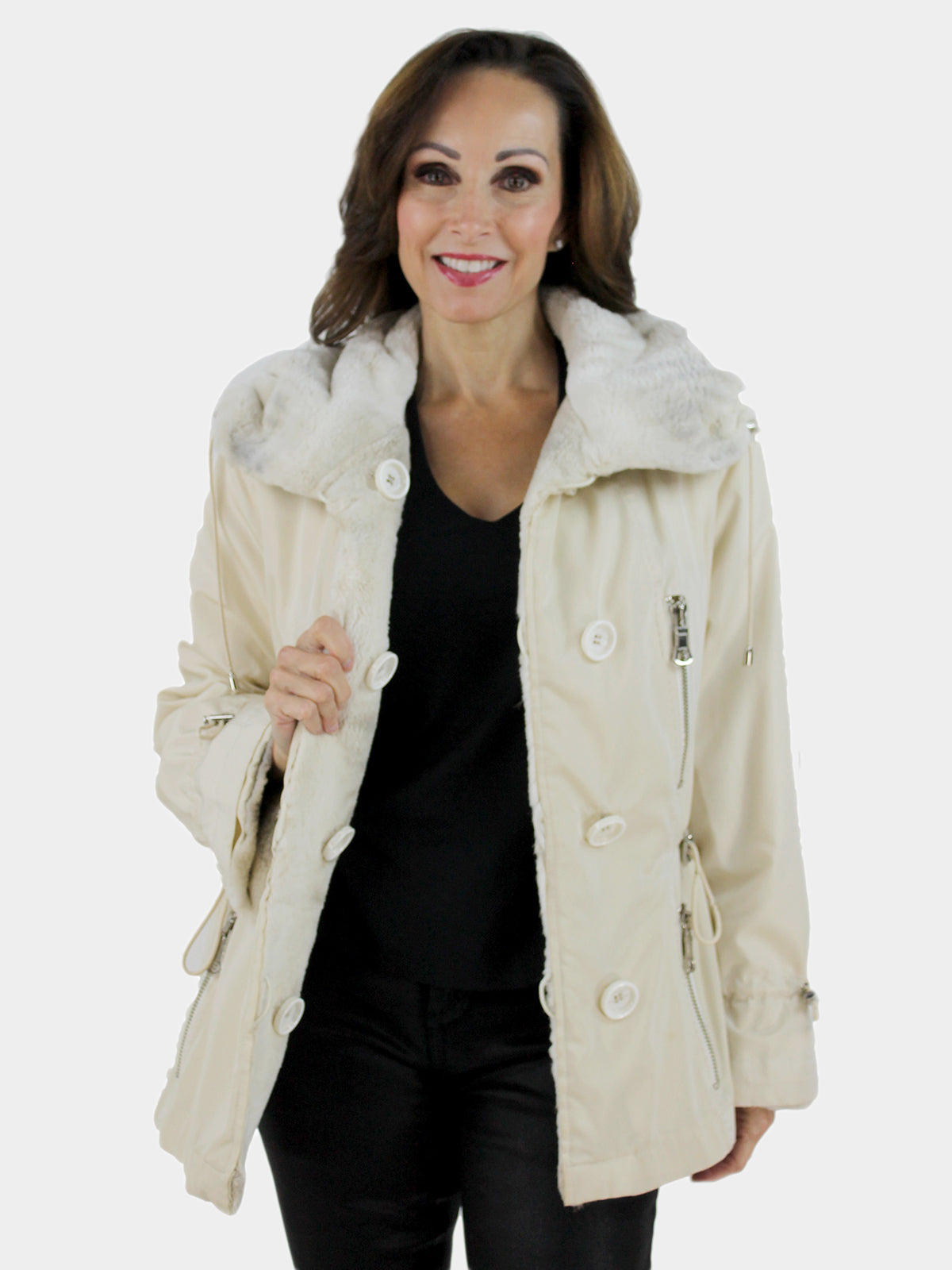 Woman's Two Tone Cream Sheared Mink Fur Jacket Reversible to Rain Fabric