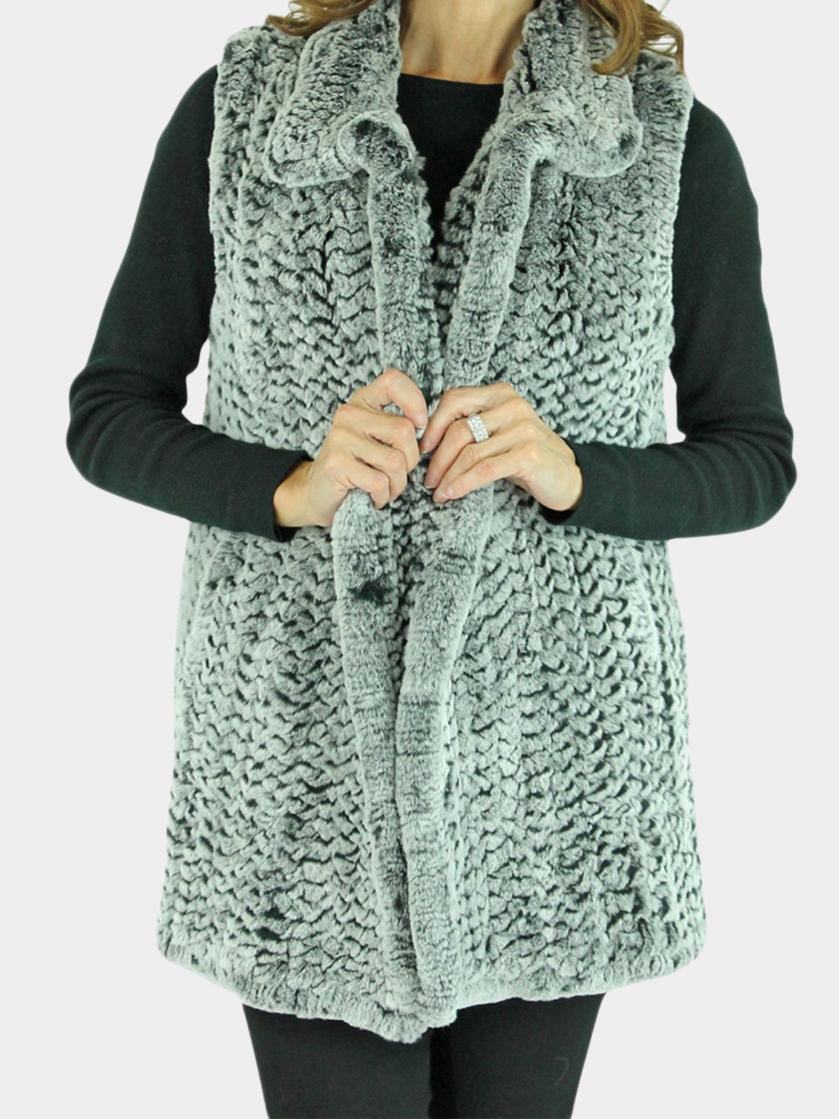 Woman's Grey Snotop Dyed Knitted Rex Rabbit Fur Vest