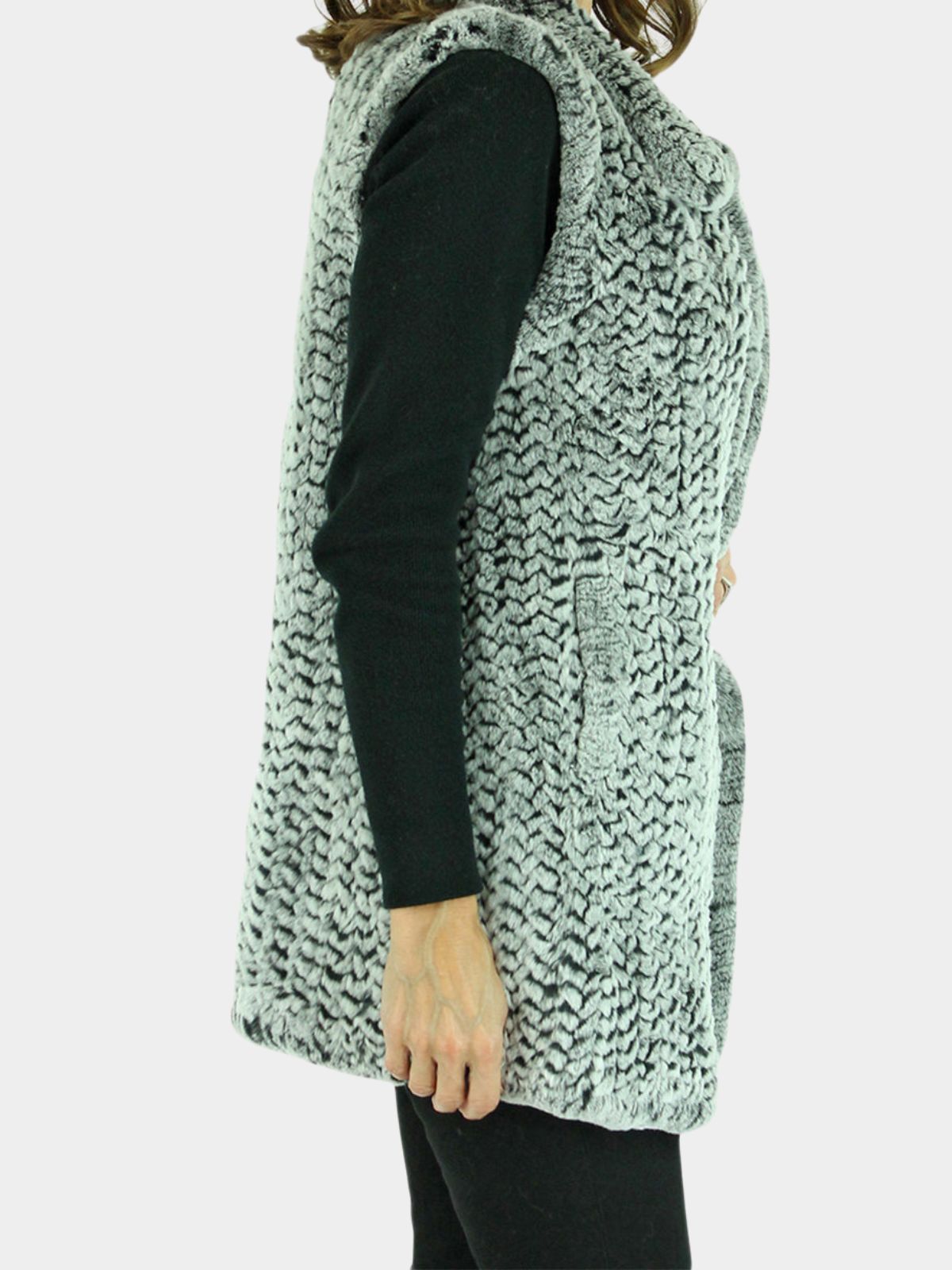 Woman's Grey Snotop Dyed Knitted Rex Rabbit Fur Vest
