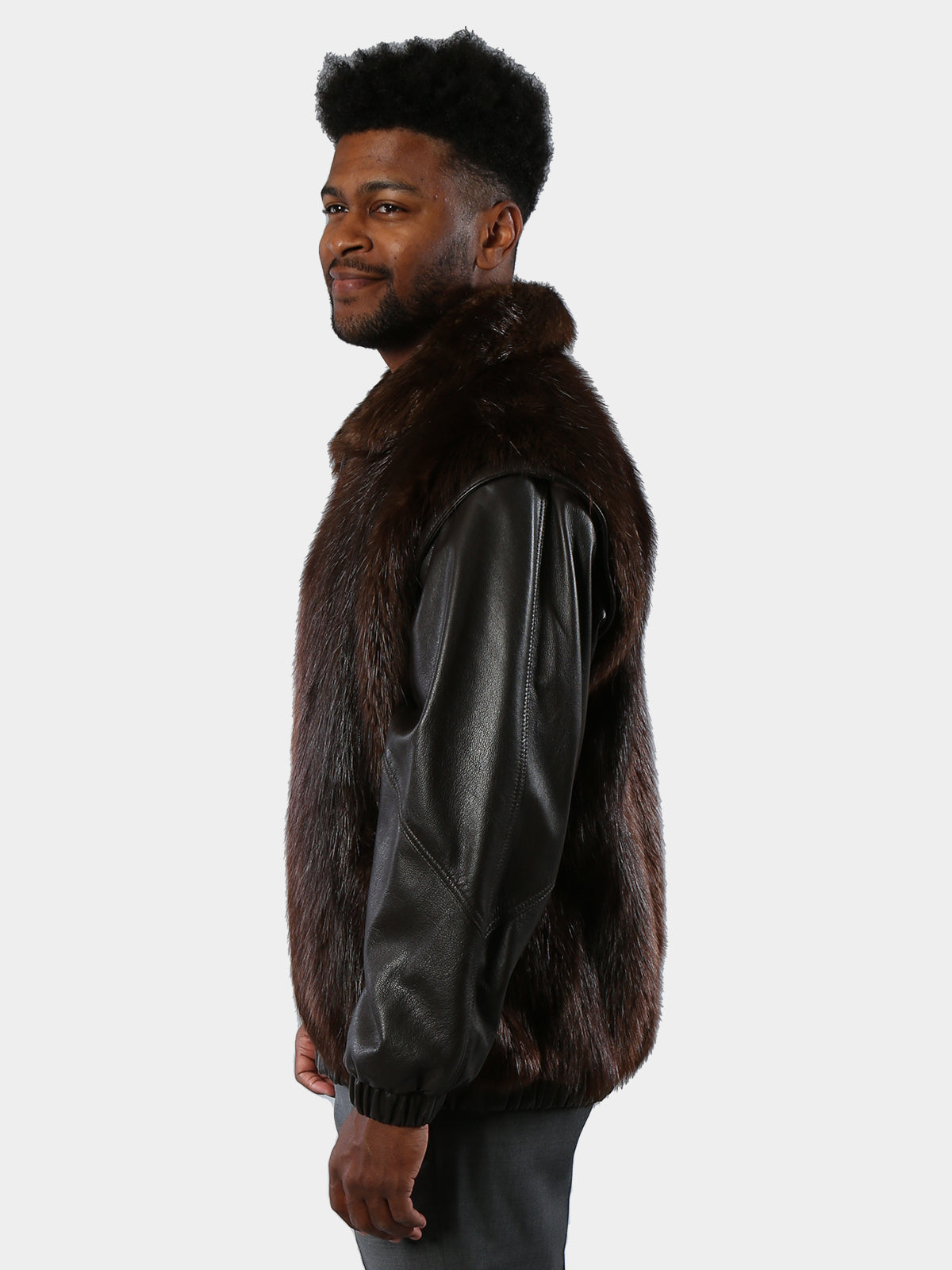 Man's Medium Tone Long Hair Beaver Fur Jacket with Zip Out Leather Sleeves