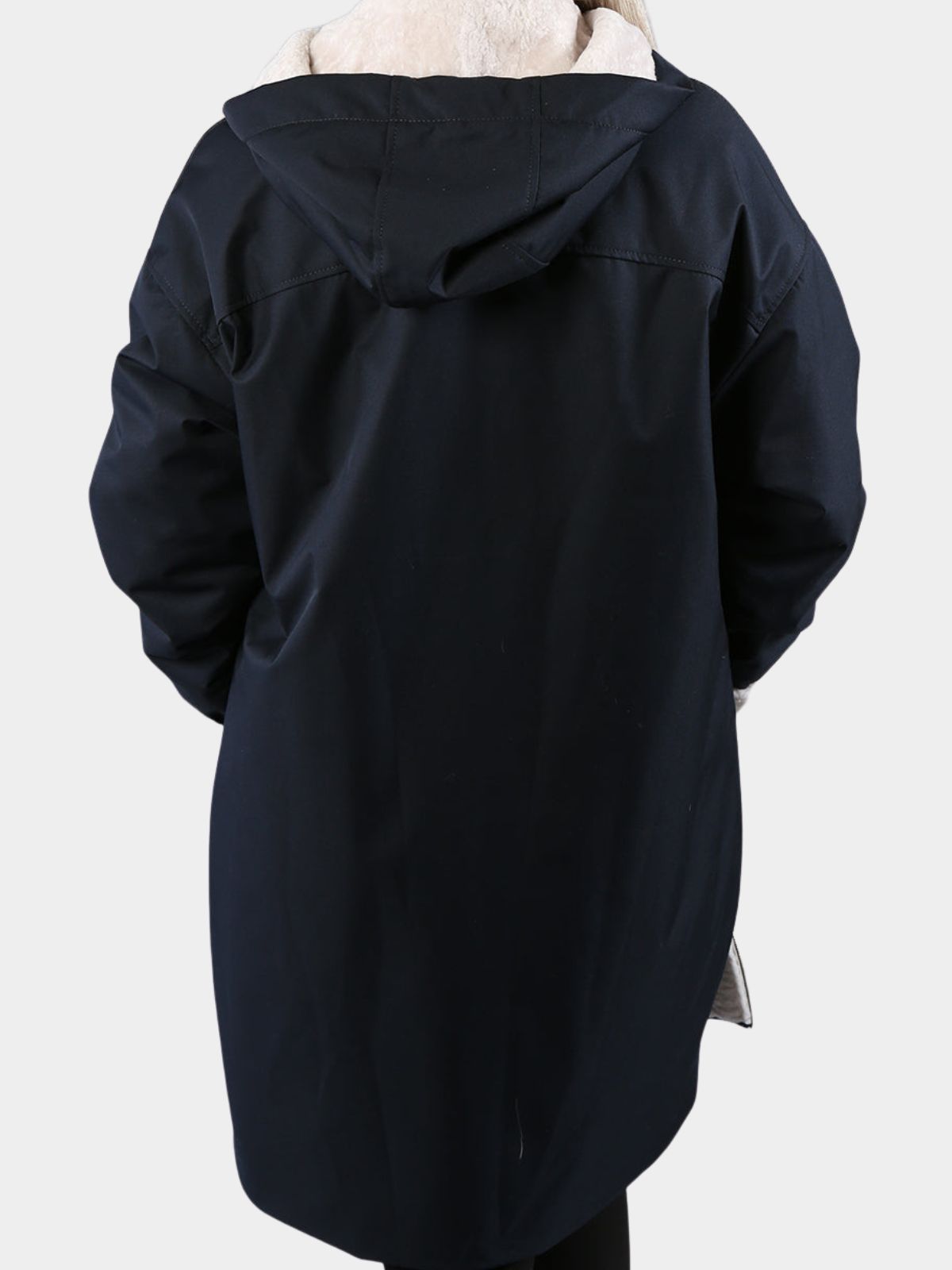 Woman's Navy Hooded Raincoat with Cream Ironed Fleece Lining