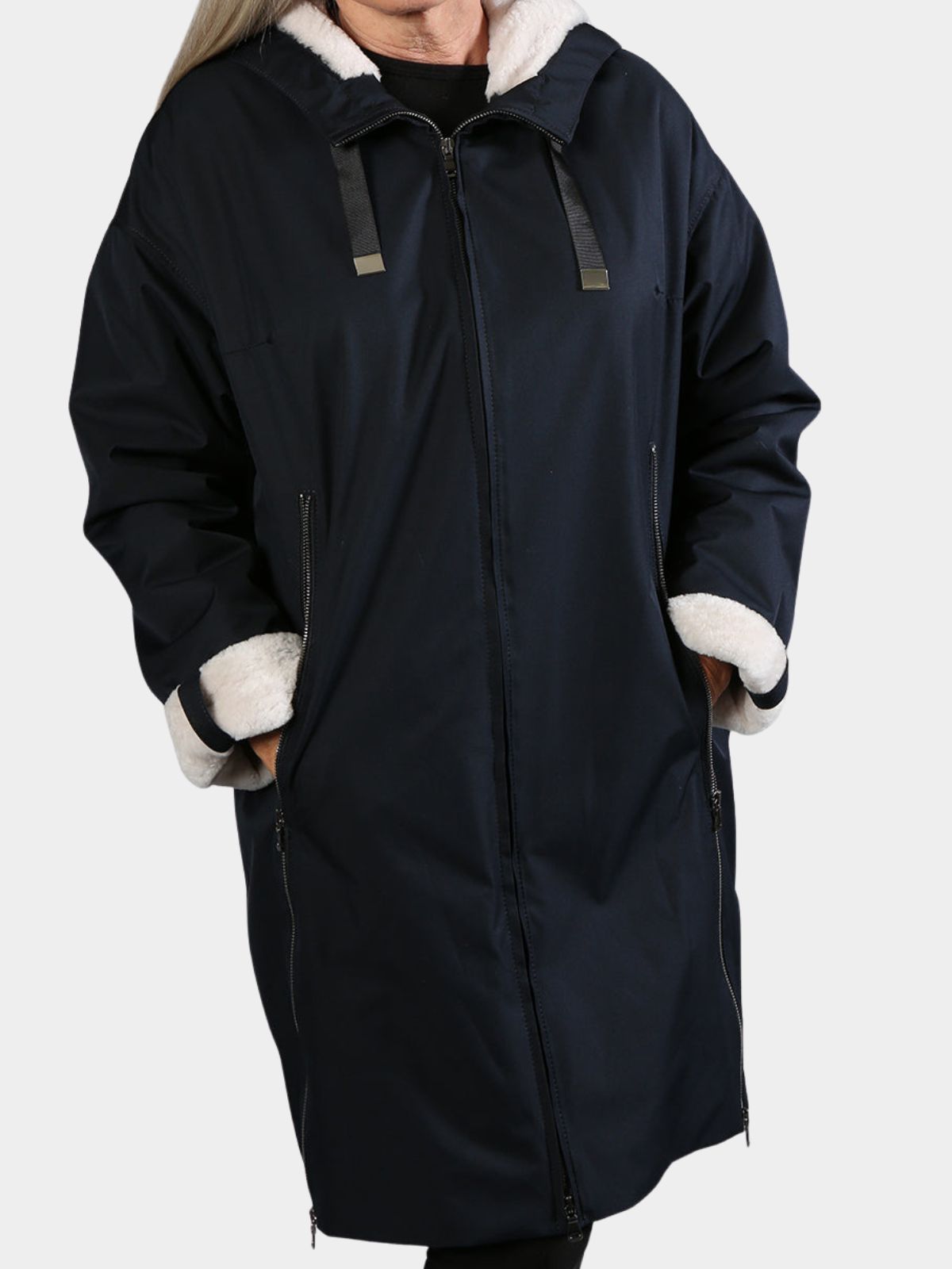 Woman's Navy Hooded Raincoat with Cream Ironed Fleece Lining