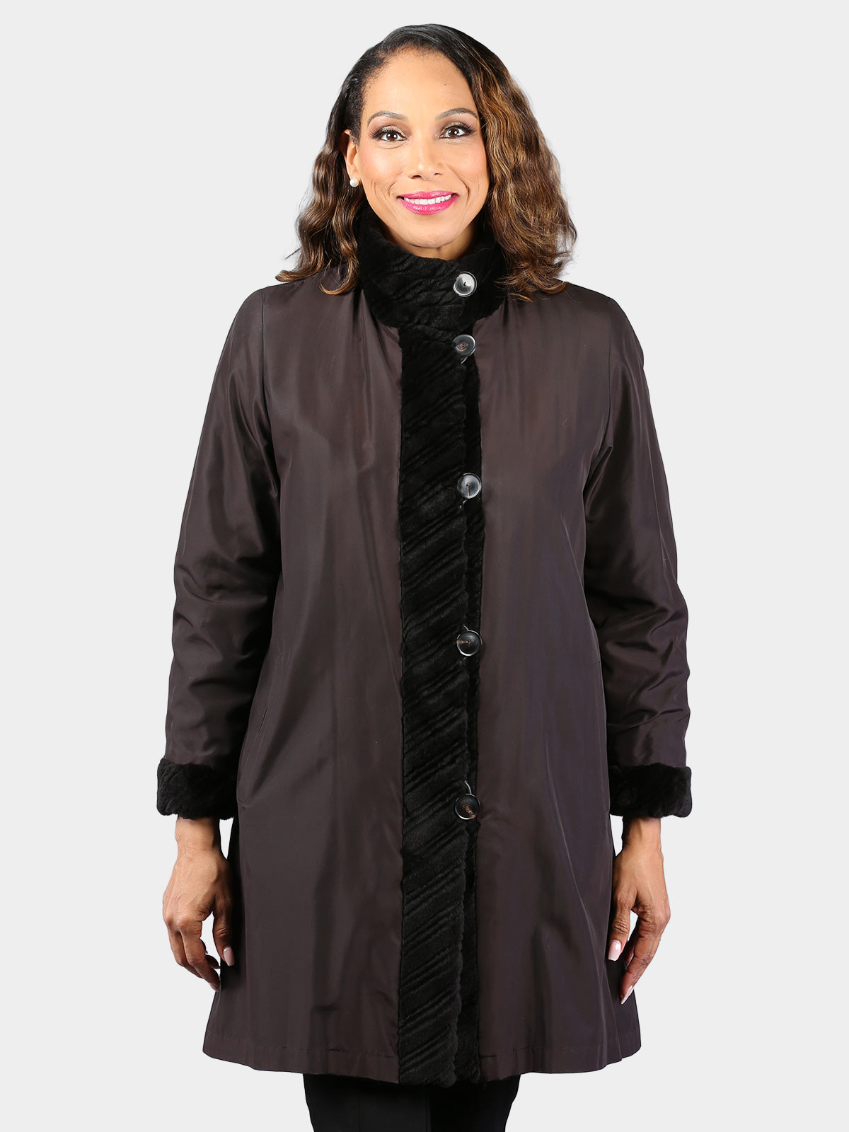 Woman's Black Sheared Mink Fur Stroller Reversing to Rain Taffeta