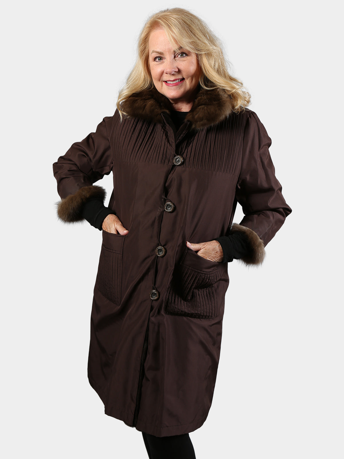 Woman's Brown Sheared Mink Fur 7/8 Coat with Sable Collar and Cuffs Reversing to Rain Taffeta