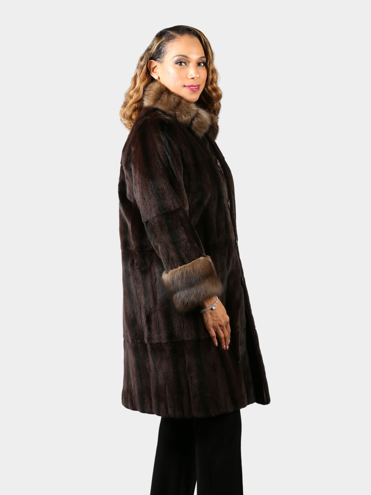 Woman's Brown Sheared Mink Fur 7/8 Coat with Sable Collar and Cuffs Reversing to Rain Taffeta