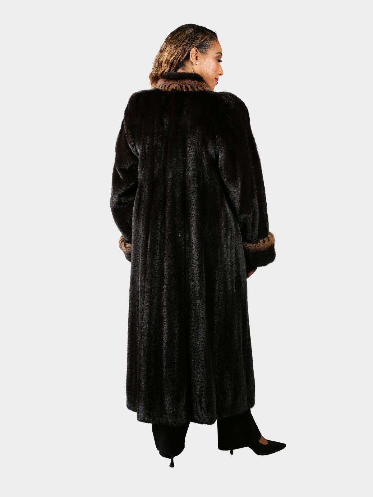 Woman's Deepest Mahogany Mink Fur Coat with Two Tone Mink Trim