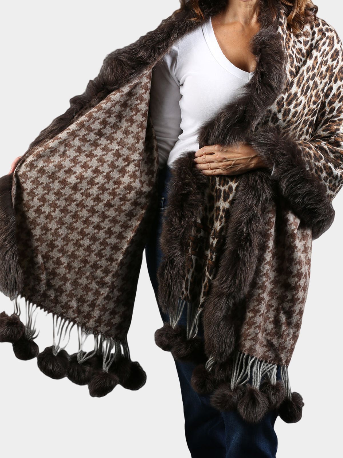 Women's Brown Animal Print Cashmere Stole with Fox Fur Trim