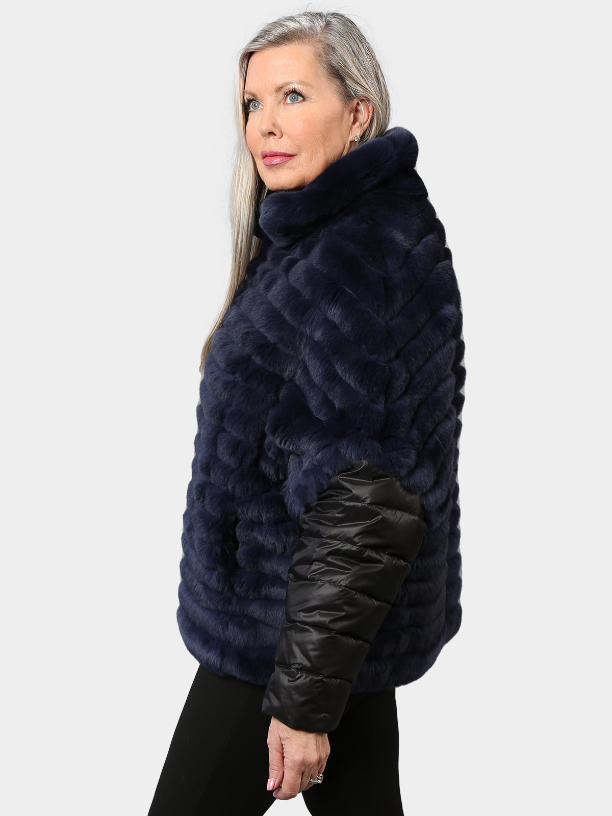 Woman's Navy Rex Rabbit Fur and Fabric Jacket Converting to Vest