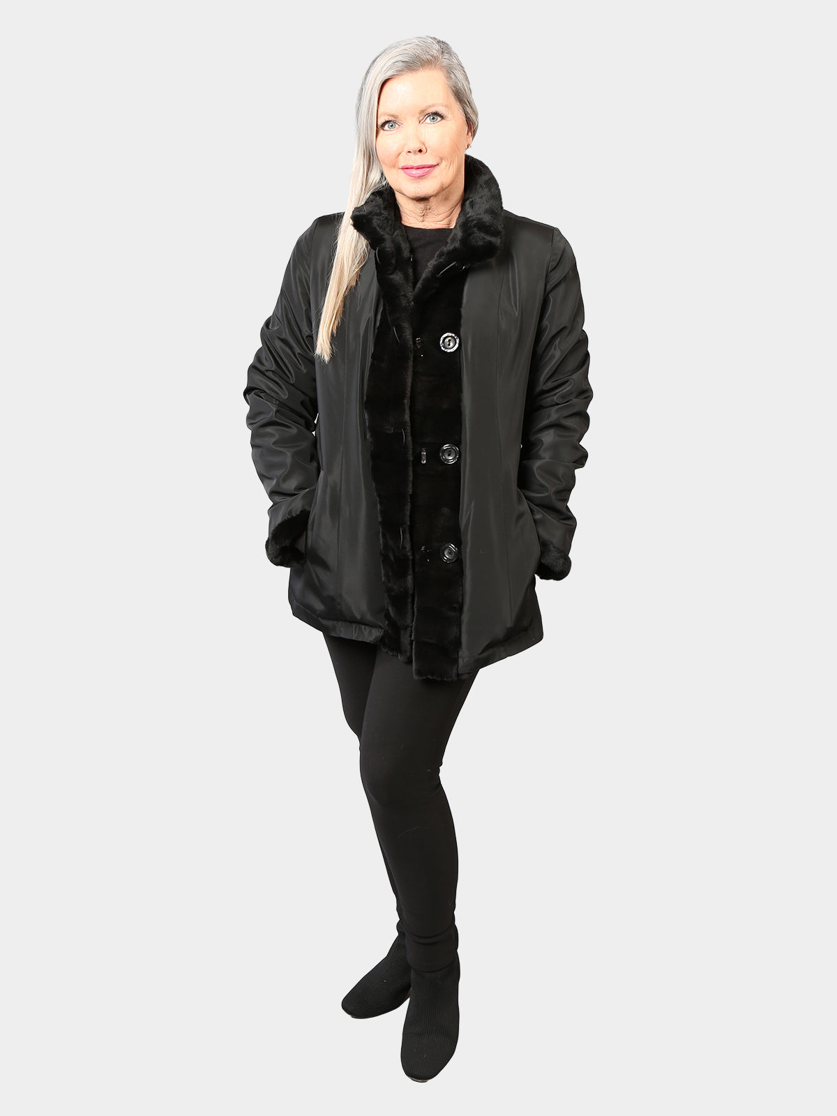 Woman's Black Sheared Mink Fur Jacket Reversing to Rain Taffeta