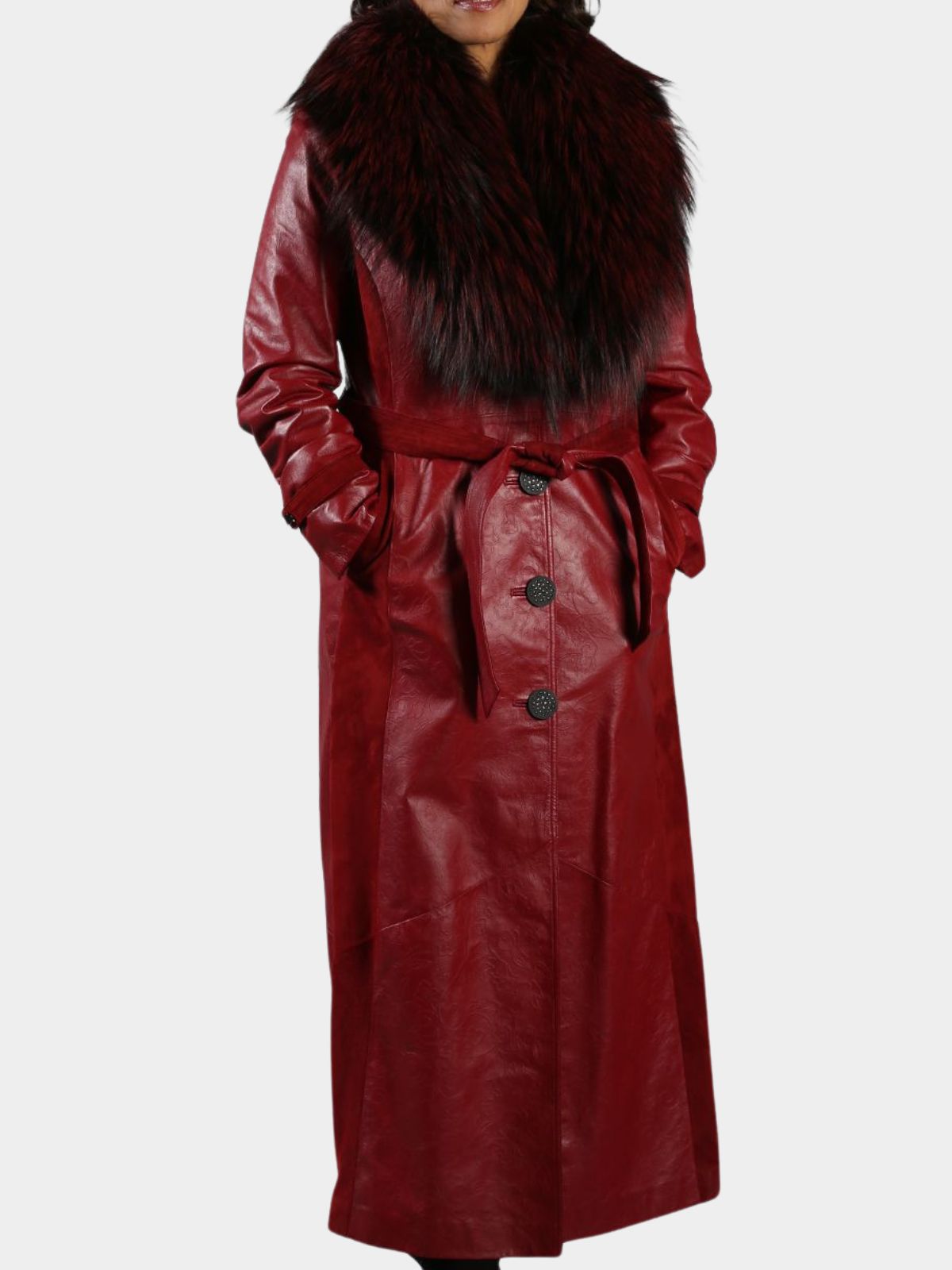 Woman's Oxblood Leather Coat with Dyed to Match Detachable Fox Collar